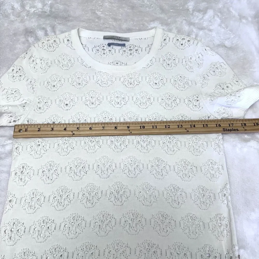 Fairly Blue Women White Eyelet Crochet Knit Cotton Short Sleeve Sweater Top Sz 2